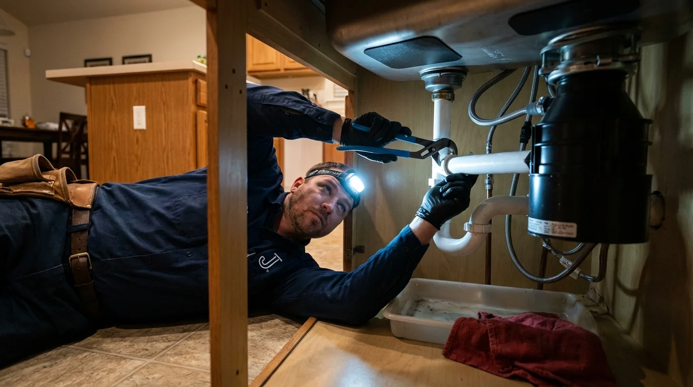 P-trap and supply line connections under a kitchen sink showing a common leak point in Camdenton, MO